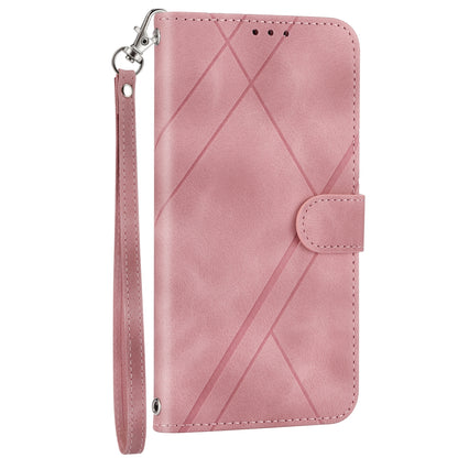 ELECTROPRIME For iPhone 15 Embossed Line Leather Phone Case with Lanyard(Pink)
