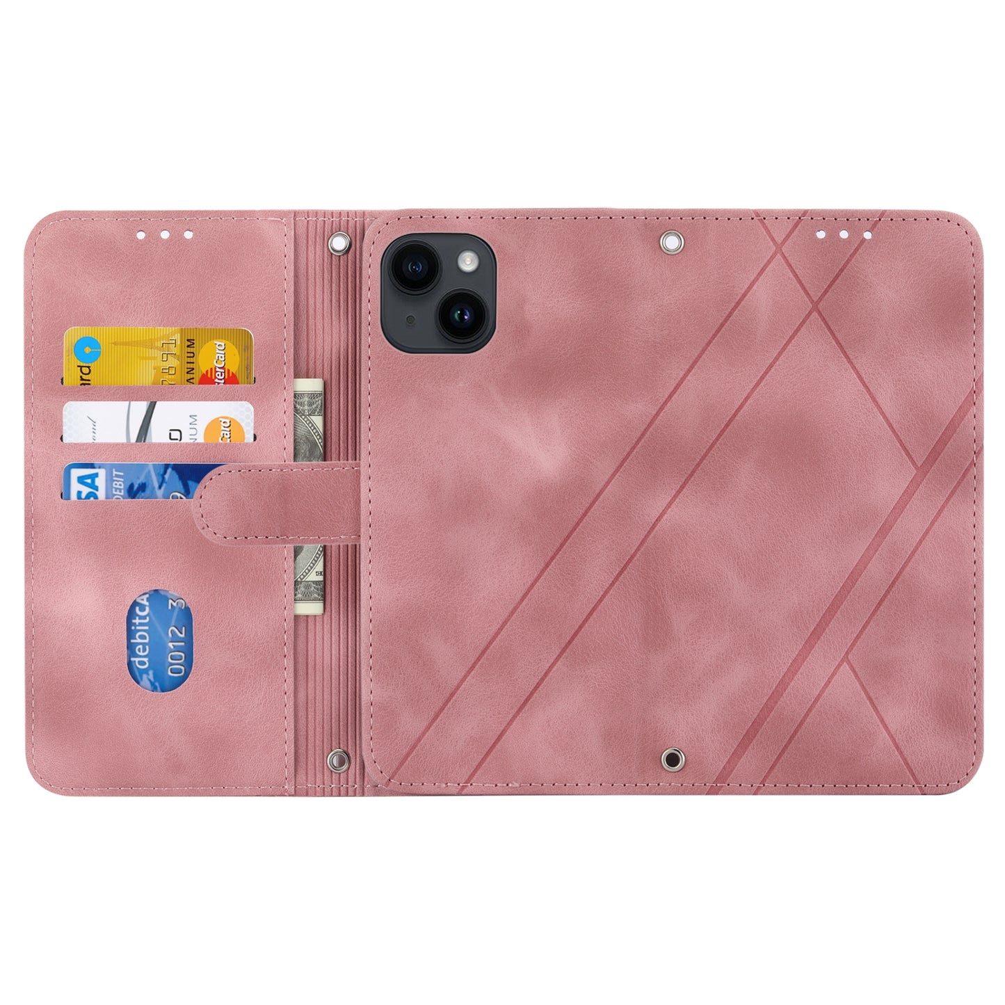 ELECTROPRIME For iPhone 15 Embossed Line Leather Phone Case with Lanyard(Pink)