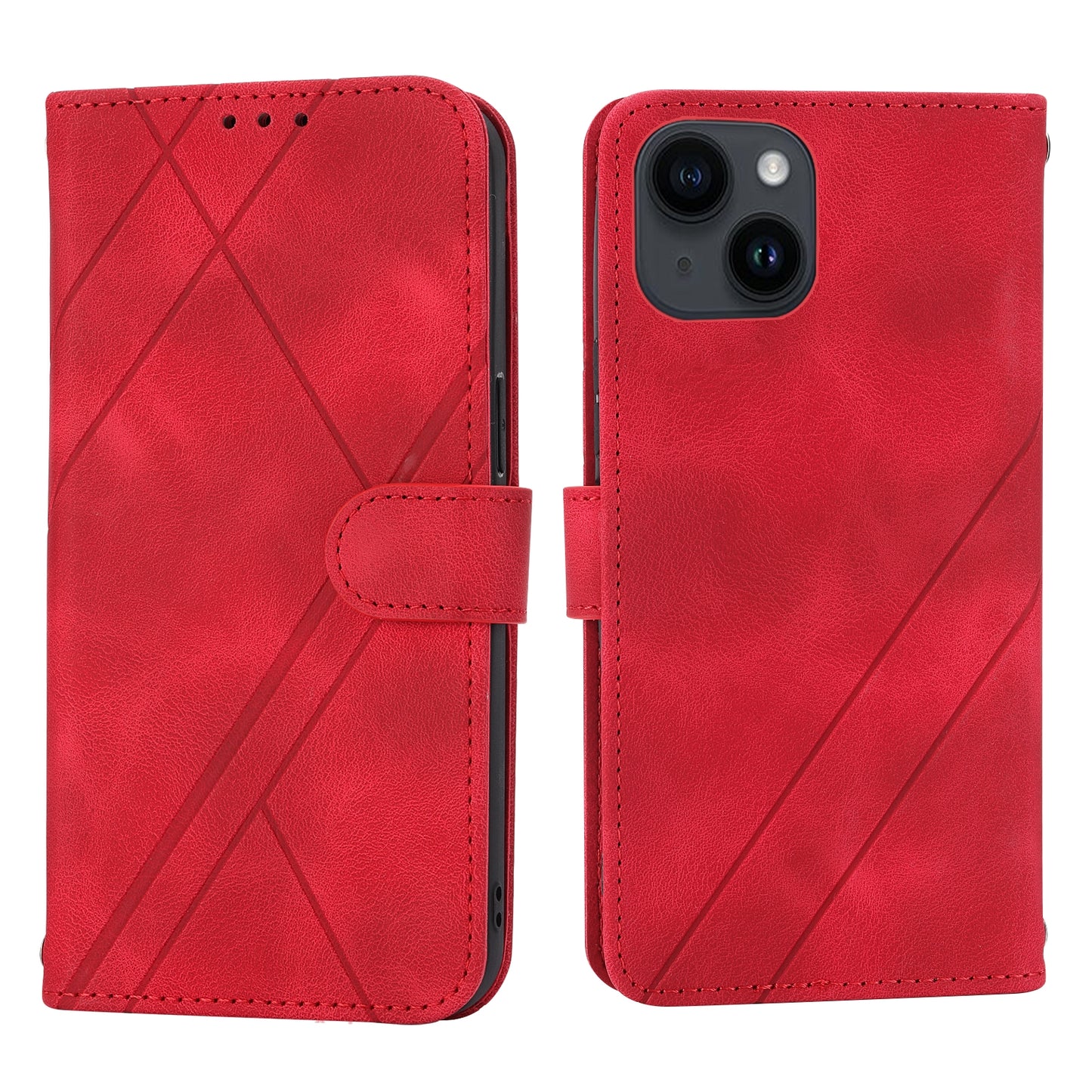 ELECTROPRIME For iPhone 15 Embossed Line Leather Phone Case with Lanyard(Red)