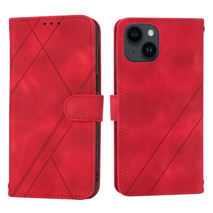 ELECTROPRIME For iPhone 15 Embossed Line Leather Phone Case with Lanyard(Red)