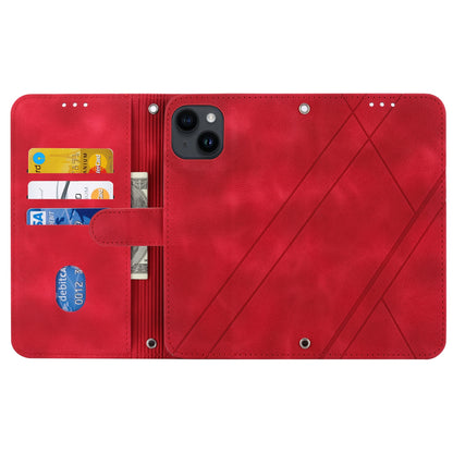ELECTROPRIME For iPhone 15 Embossed Line Leather Phone Case with Lanyard(Red)