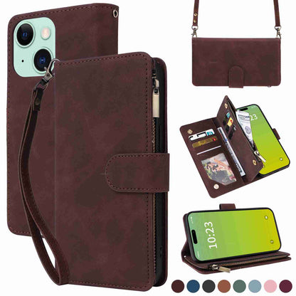 ELECTROPRIME For iPhone 15 Plus Crossbody Multi-card Slot Wallet Zipper Leather Phone Case(Coffee)