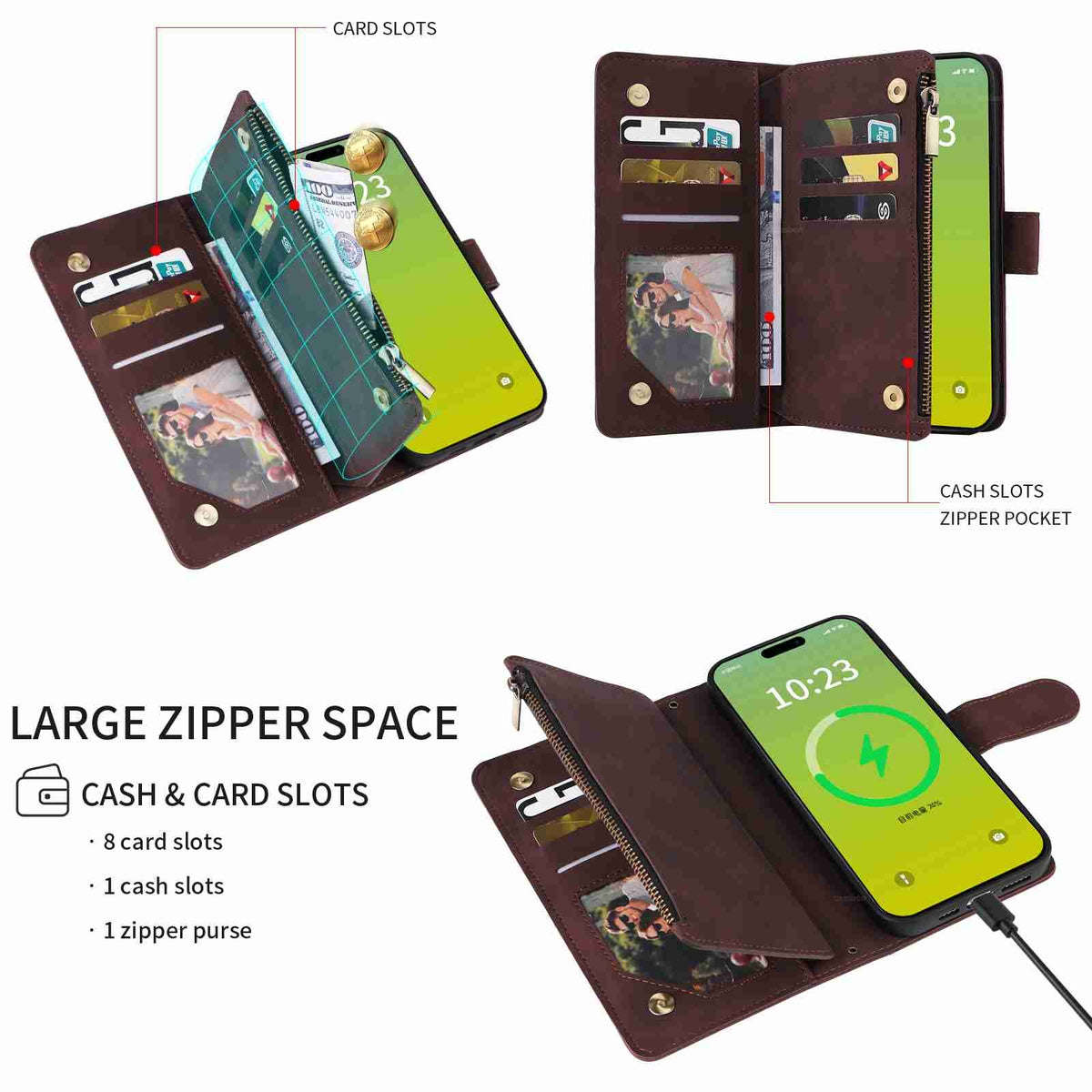 ELECTROPRIME For iPhone 15 Plus Crossbody Multi-card Slot Wallet Zipper Leather Phone Case(Coffee)
