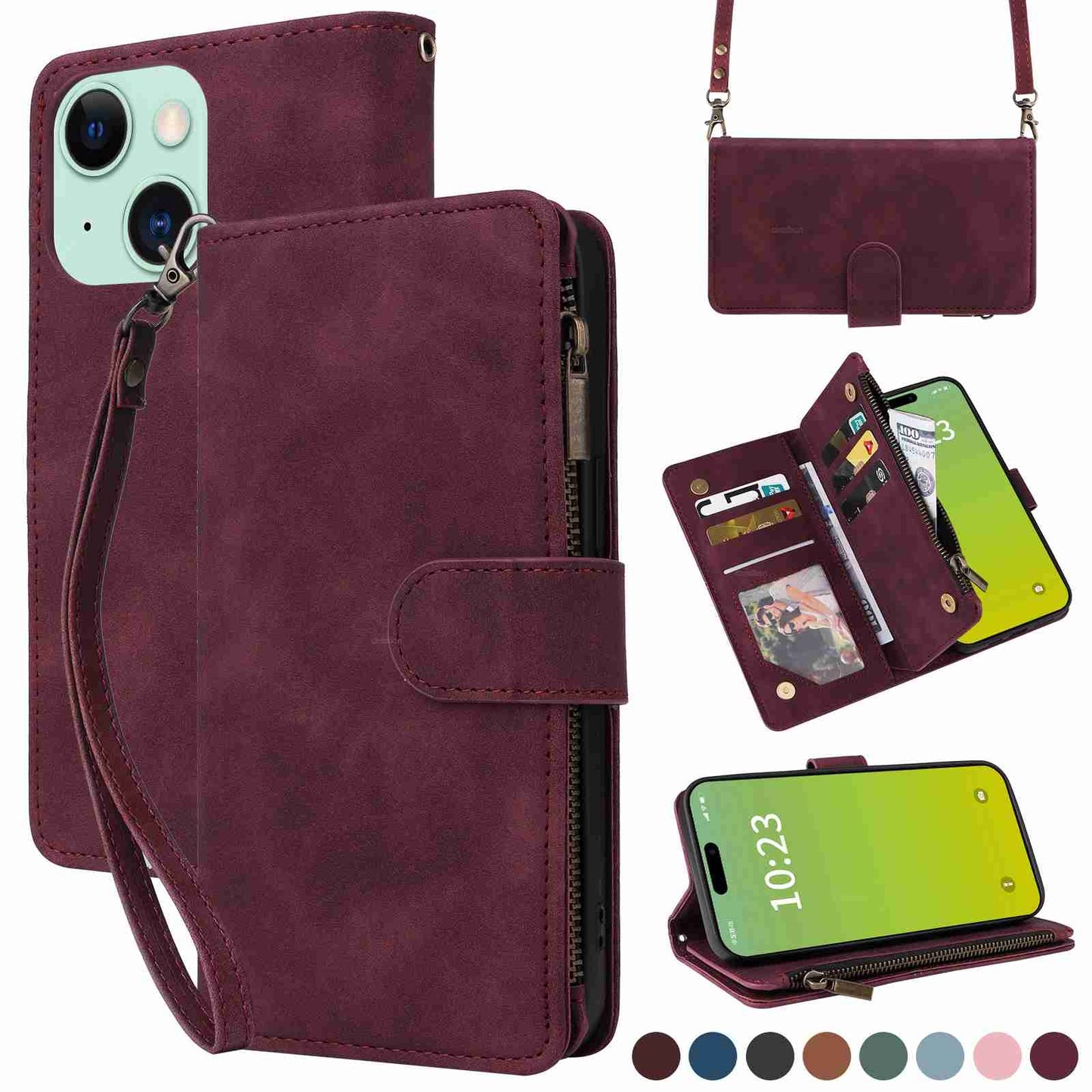 ELECTROPRIME For iPhone 15 Crossbody Multi-card Slot Wallet Zipper Leather Phone Case(Wine Red)