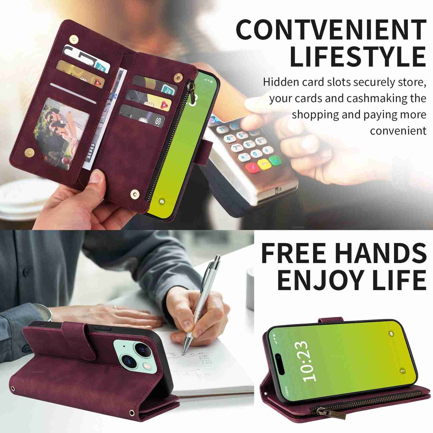 ELECTROPRIME For iPhone 15 Crossbody Multi-card Slot Wallet Zipper Leather Phone Case(Wine Red)