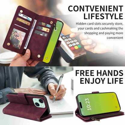 ELECTROPRIME For iPhone 15 Crossbody Multi-card Slot Wallet Zipper Leather Phone Case(Wine Red)