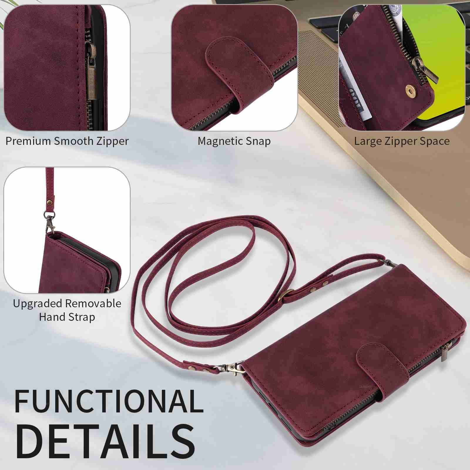ELECTROPRIME For iPhone 15 Crossbody Multi-card Slot Wallet Zipper Leather Phone Case(Wine Red)