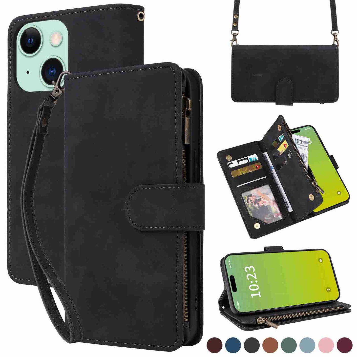 ELECTROPRIME For iPhone 15 Crossbody Multi-card Slot Wallet Zipper Leather Phone Case(Black)