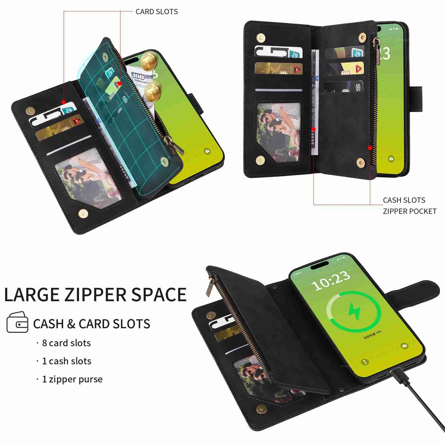 ELECTROPRIME For iPhone 15 Crossbody Multi-card Slot Wallet Zipper Leather Phone Case(Black)