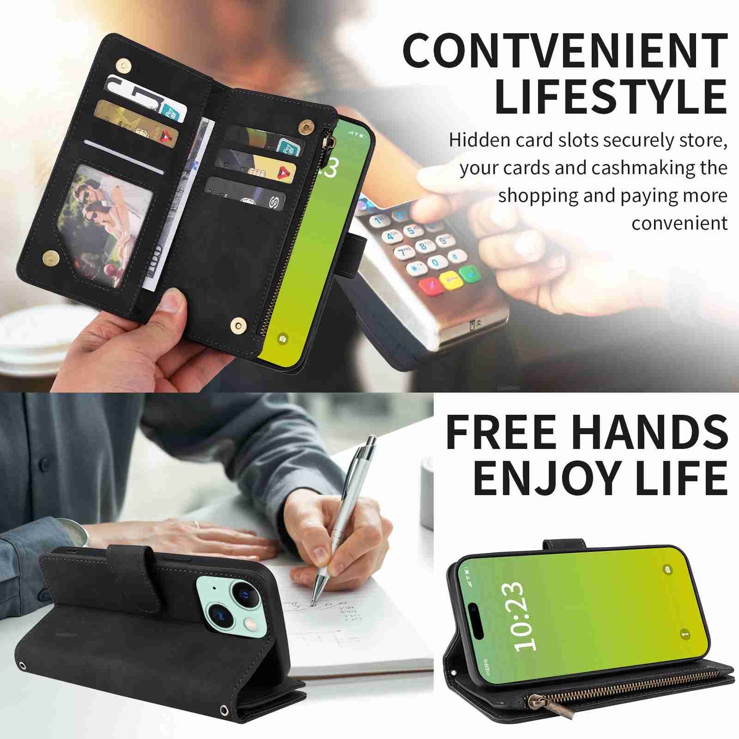 ELECTROPRIME For iPhone 15 Crossbody Multi-card Slot Wallet Zipper Leather Phone Case(Black)