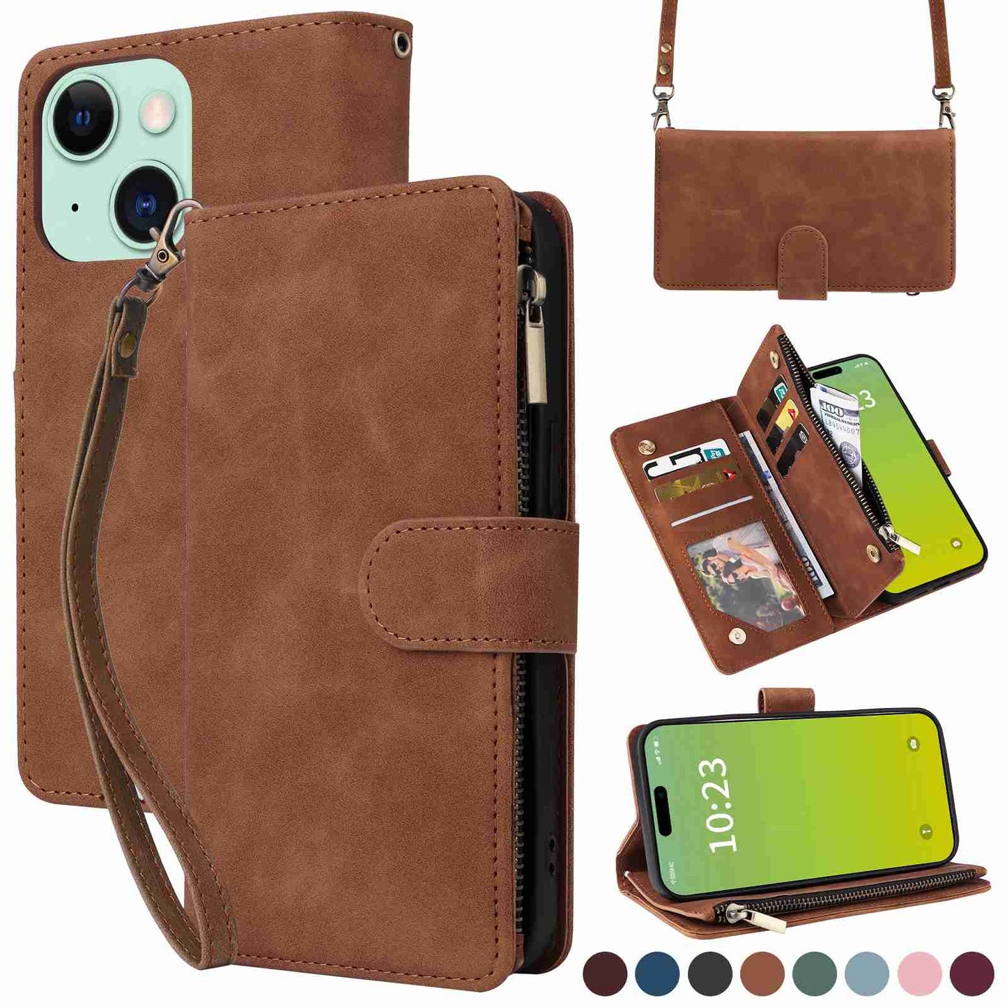 ELECTROPRIME For iPhone 15 Crossbody Multi-card Slot Wallet Zipper Leather Phone Case(Brown)
