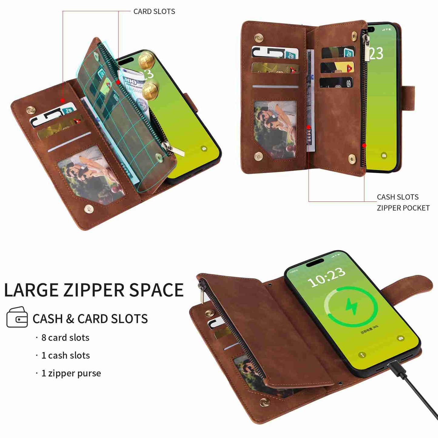 ELECTROPRIME For iPhone 15 Crossbody Multi-card Slot Wallet Zipper Leather Phone Case(Brown)