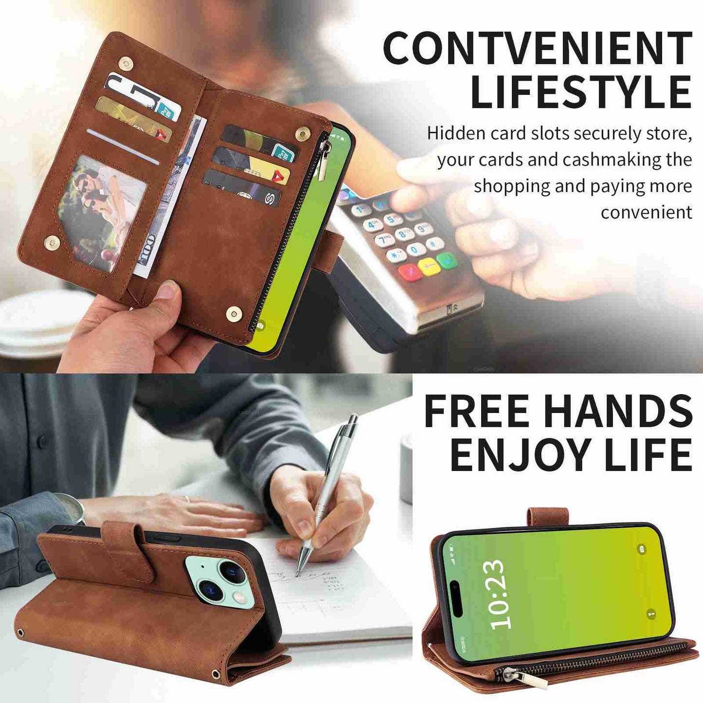 ELECTROPRIME For iPhone 15 Crossbody Multi-card Slot Wallet Zipper Leather Phone Case(Brown)