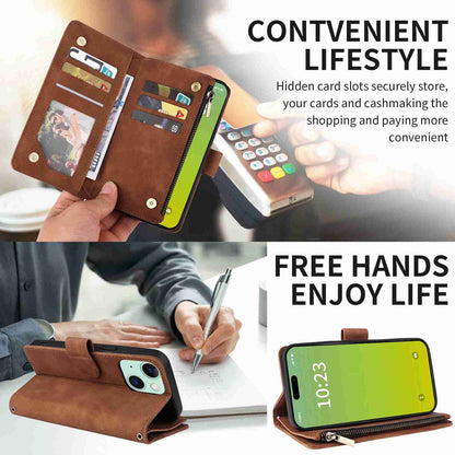 ELECTROPRIME For iPhone 15 Crossbody Multi-card Slot Wallet Zipper Leather Phone Case(Brown)