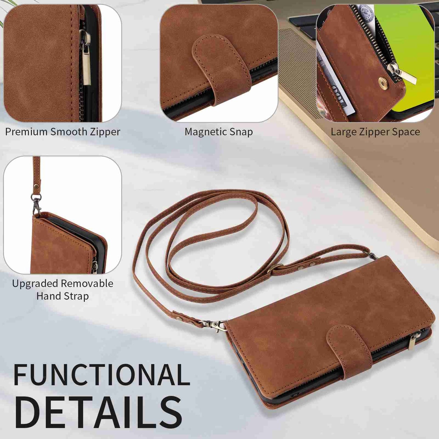 ELECTROPRIME For iPhone 15 Crossbody Multi-card Slot Wallet Zipper Leather Phone Case(Brown)