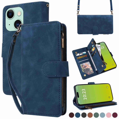 ELECTROPRIME For iPhone 15 Crossbody Multi-card Slot Wallet Zipper Leather Phone Case(Dark Blue)