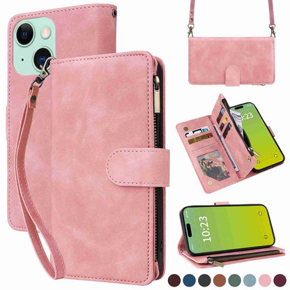 ELECTROPRIME For iPhone 15 Crossbody Multi-card Slot Wallet Zipper Leather Phone Case(Pink)