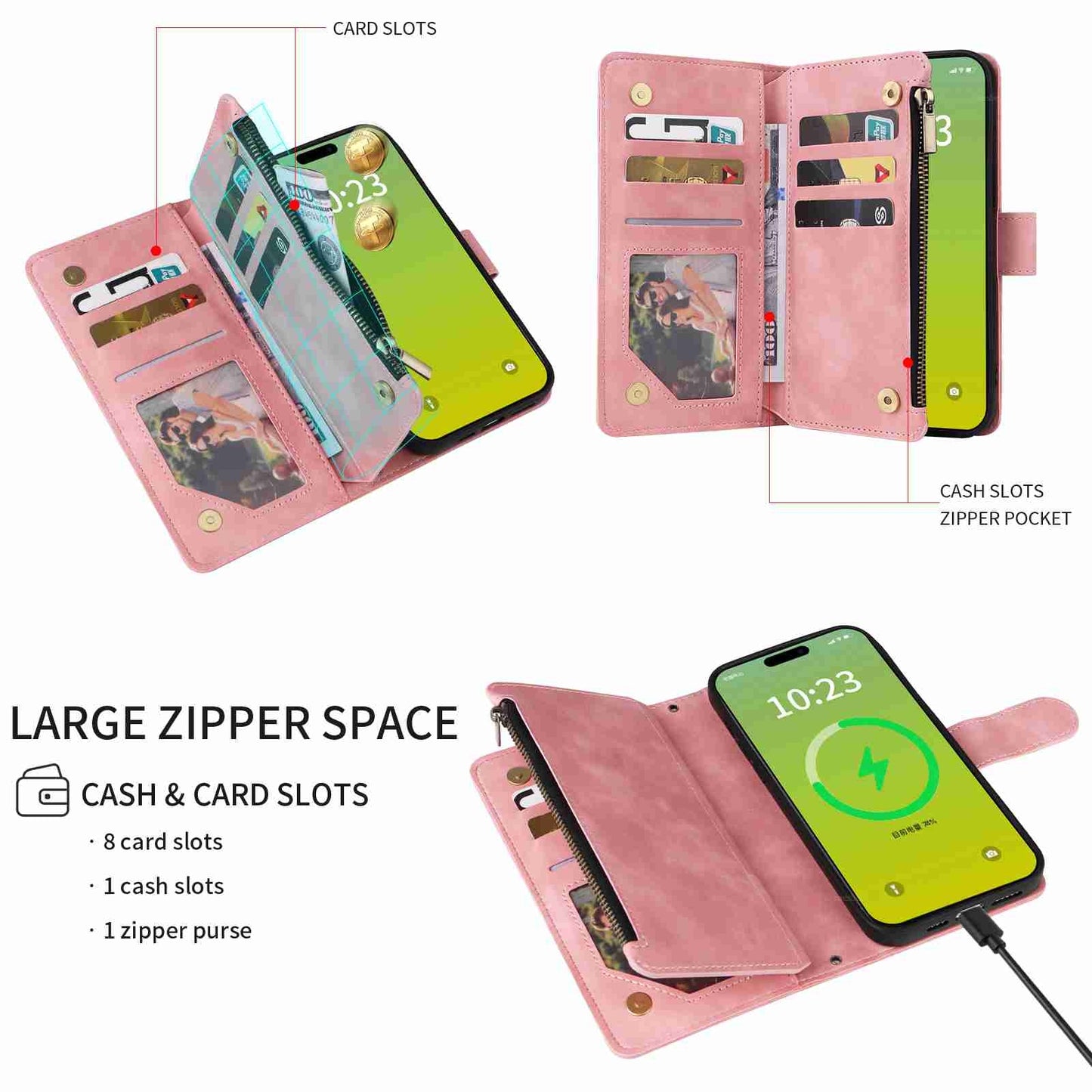 ELECTROPRIME For iPhone 15 Crossbody Multi-card Slot Wallet Zipper Leather Phone Case(Pink)