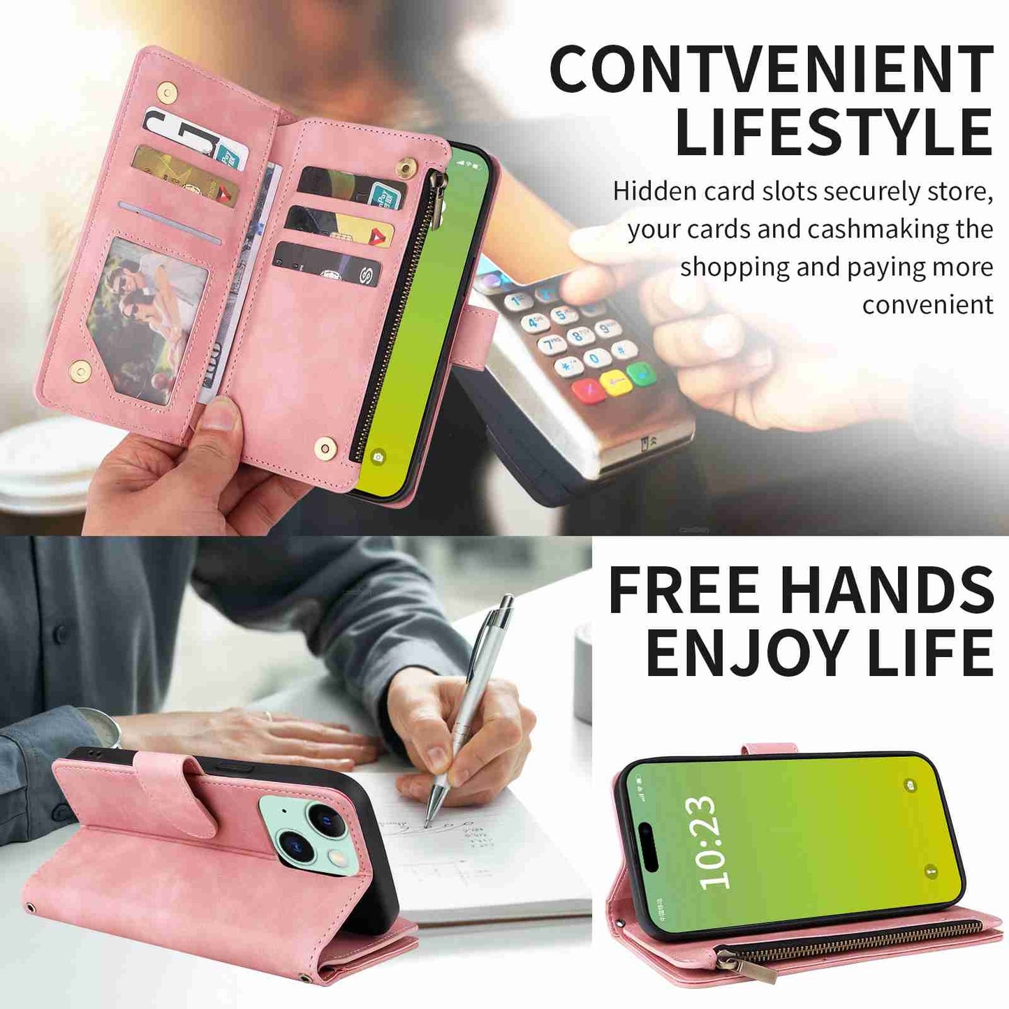 ELECTROPRIME For iPhone 15 Crossbody Multi-card Slot Wallet Zipper Leather Phone Case(Pink)