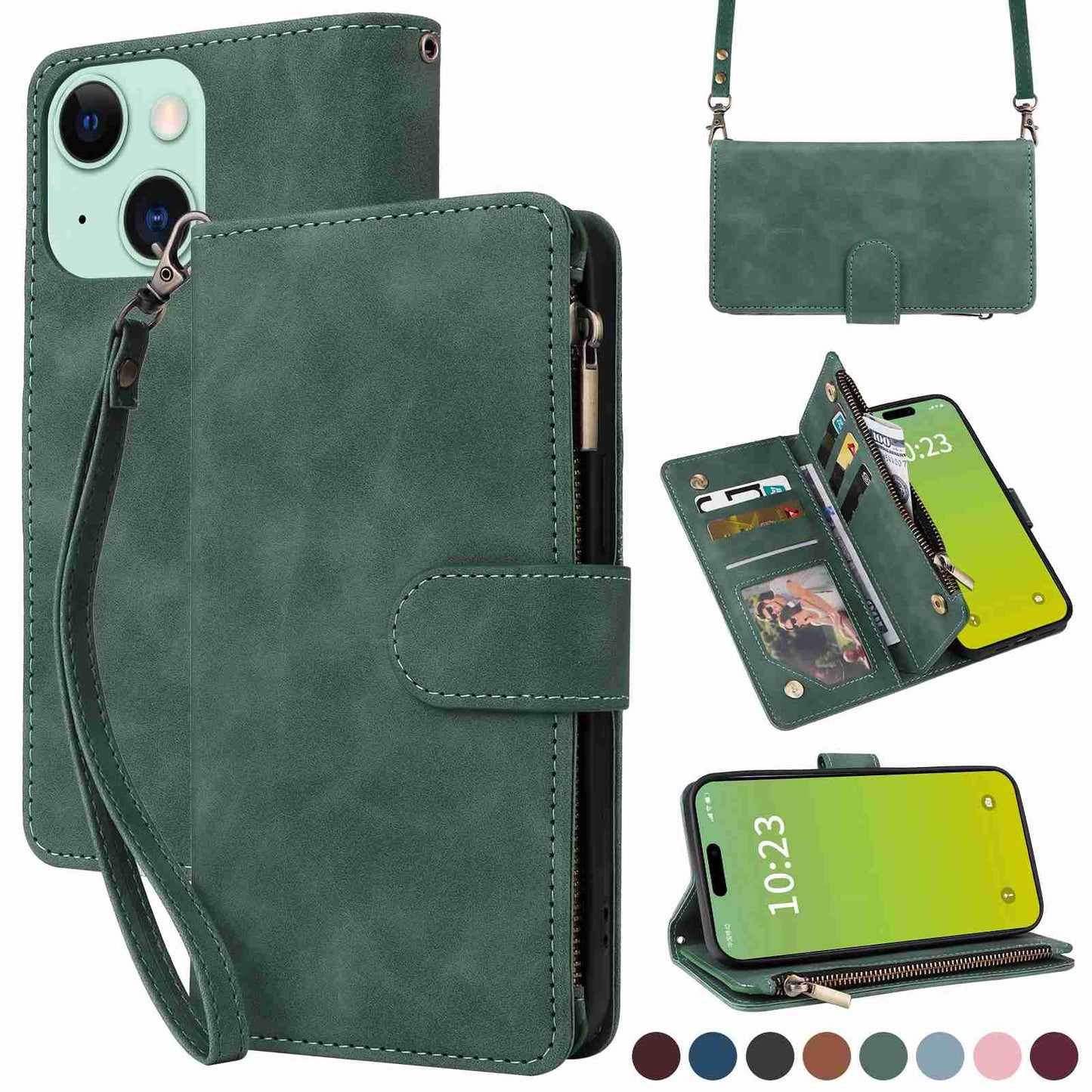 ELECTROPRIME For iPhone 15 Crossbody Multi-card Slot Wallet Zipper Leather Phone Case(Green)