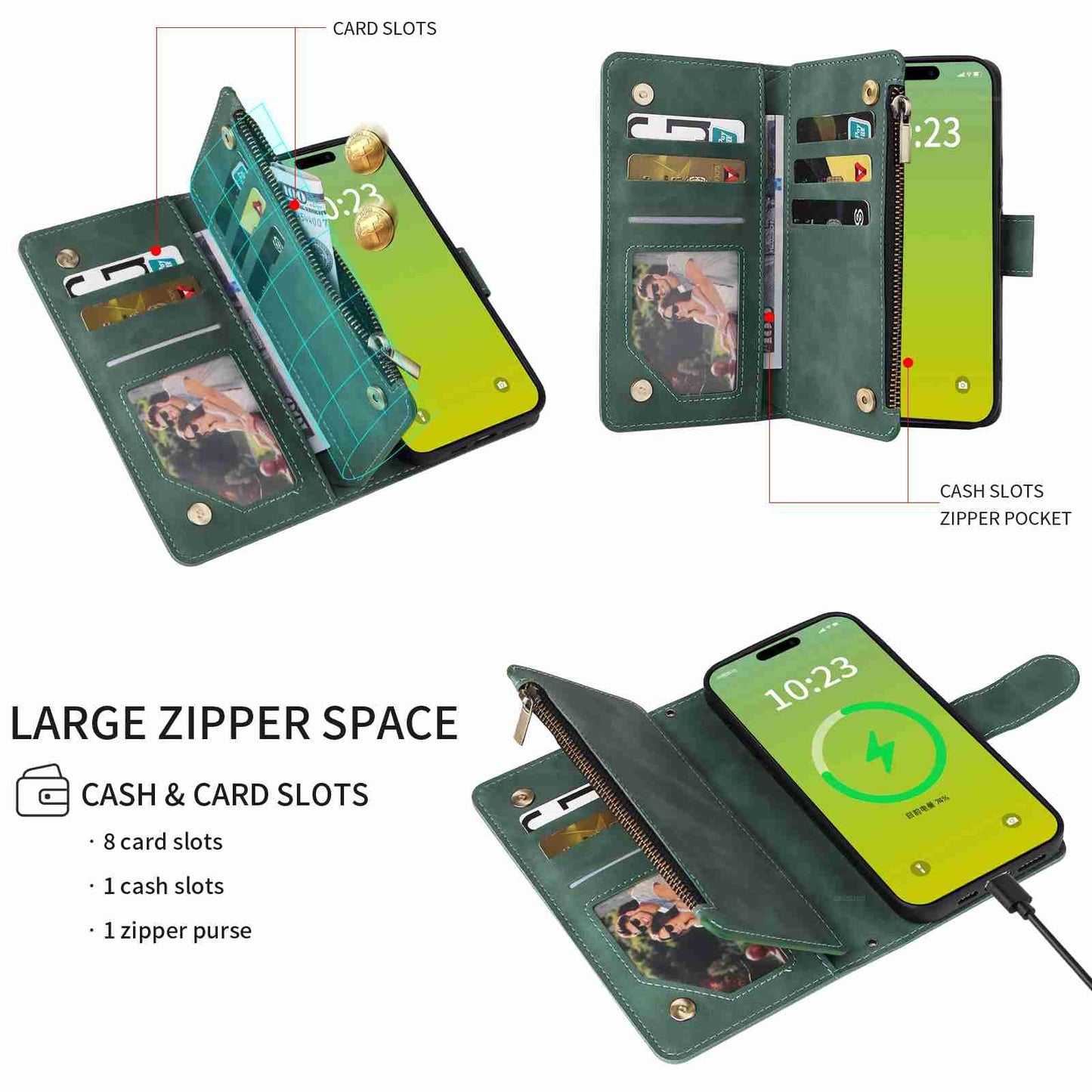 ELECTROPRIME For iPhone 15 Crossbody Multi-card Slot Wallet Zipper Leather Phone Case(Green)