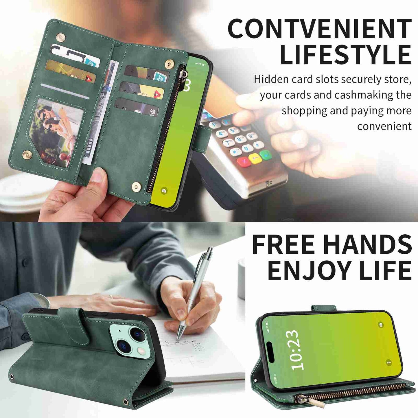 ELECTROPRIME For iPhone 15 Crossbody Multi-card Slot Wallet Zipper Leather Phone Case(Green)