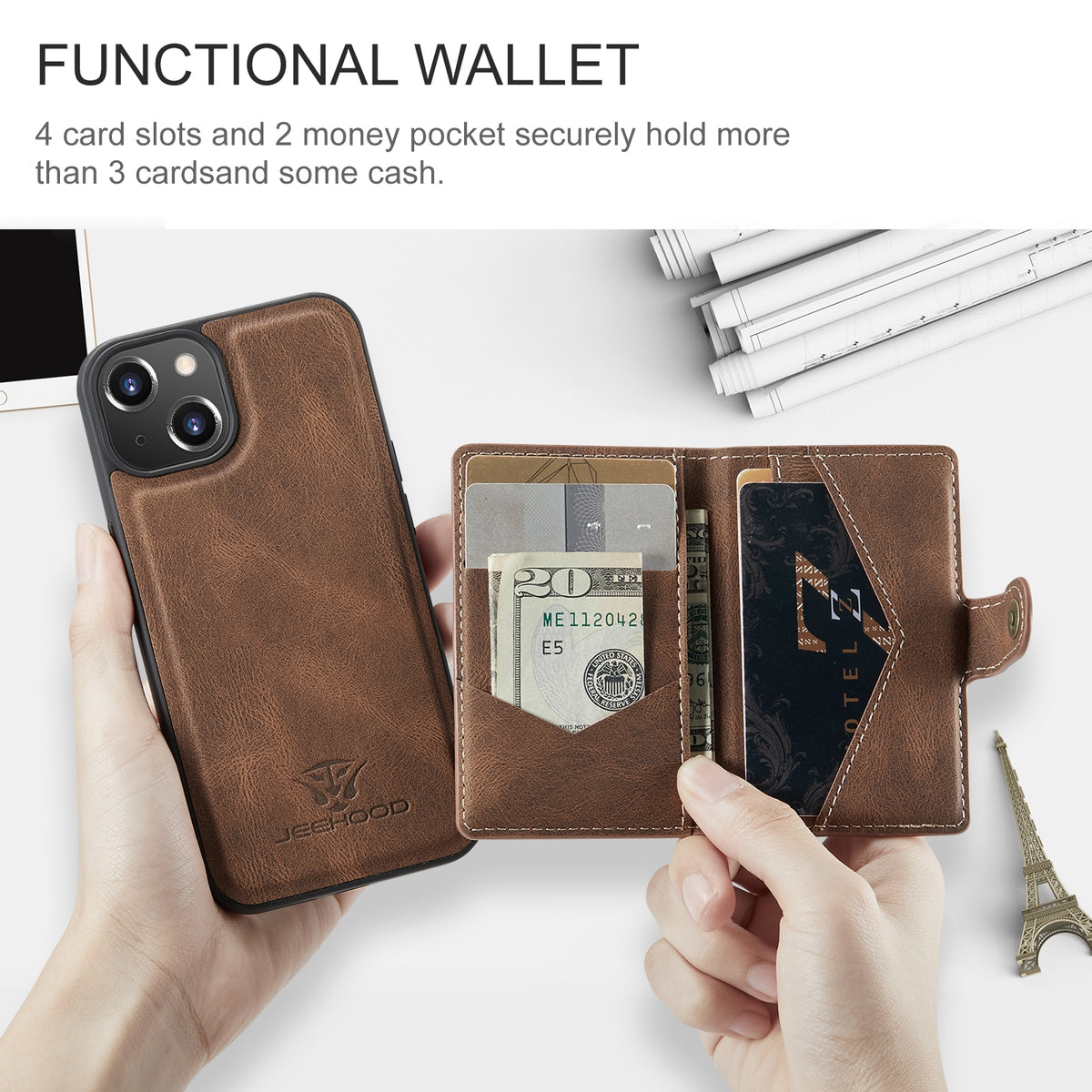 ELECTROPRIME For iPhone 15 Plus JEEHOOD Retro Magnetic Detachable Leather Phone Case(Brown)