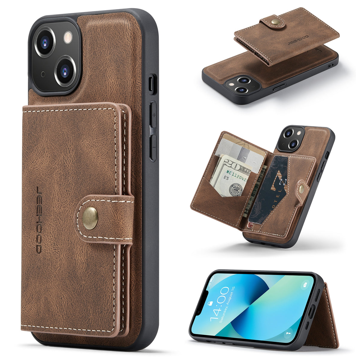 ELECTROPRIME For iPhone 15 JEEHOOD Retro Magnetic Detachable Leather Phone Case(Brown)