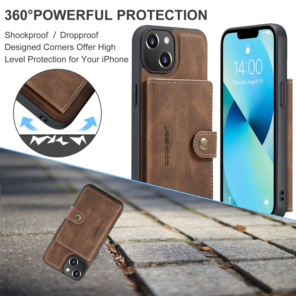 ELECTROPRIME For iPhone 15 JEEHOOD Retro Magnetic Detachable Leather Phone Case(Brown)