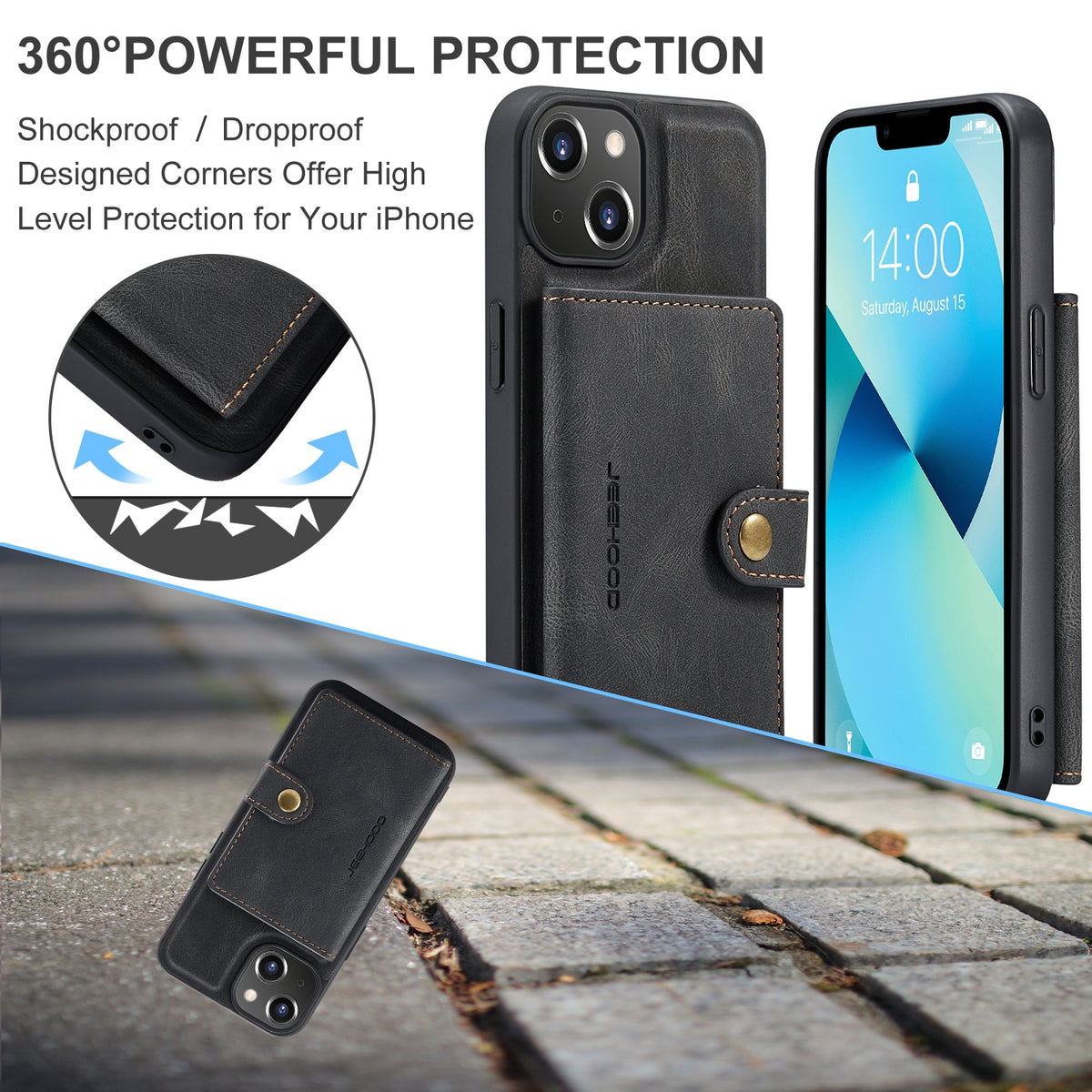 ELECTROPRIME For iPhone 15 JEEHOOD Retro Magnetic Detachable Leather Phone Case(Black)