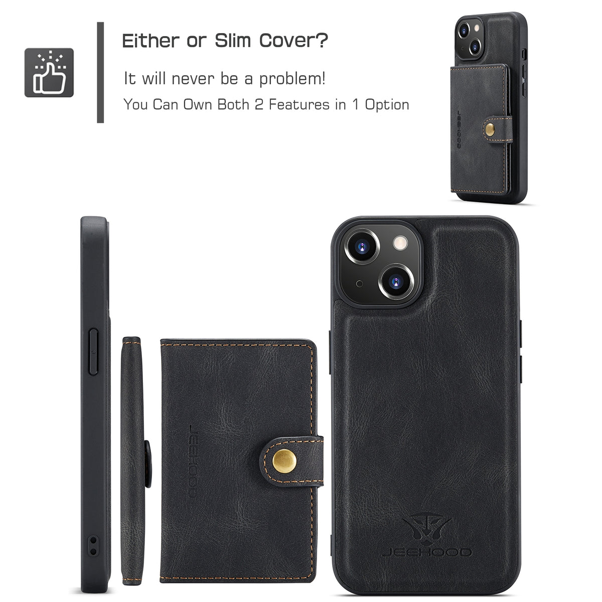 ELECTROPRIME For iPhone 15 JEEHOOD Retro Magnetic Detachable Leather Phone Case(Black)
