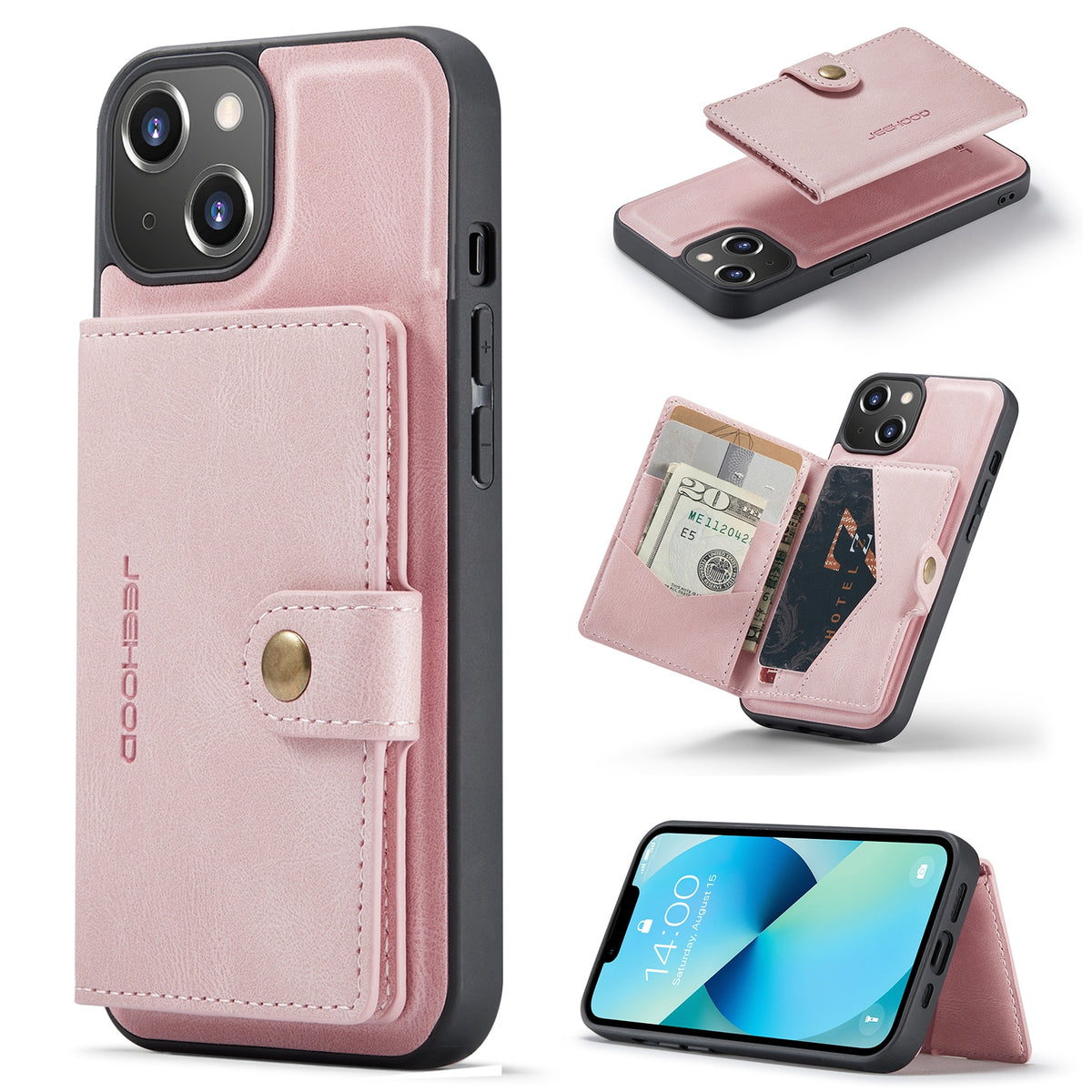 ELECTROPRIME For iPhone 15 JEEHOOD Retro Magnetic Detachable Leather Phone Case(Pink)