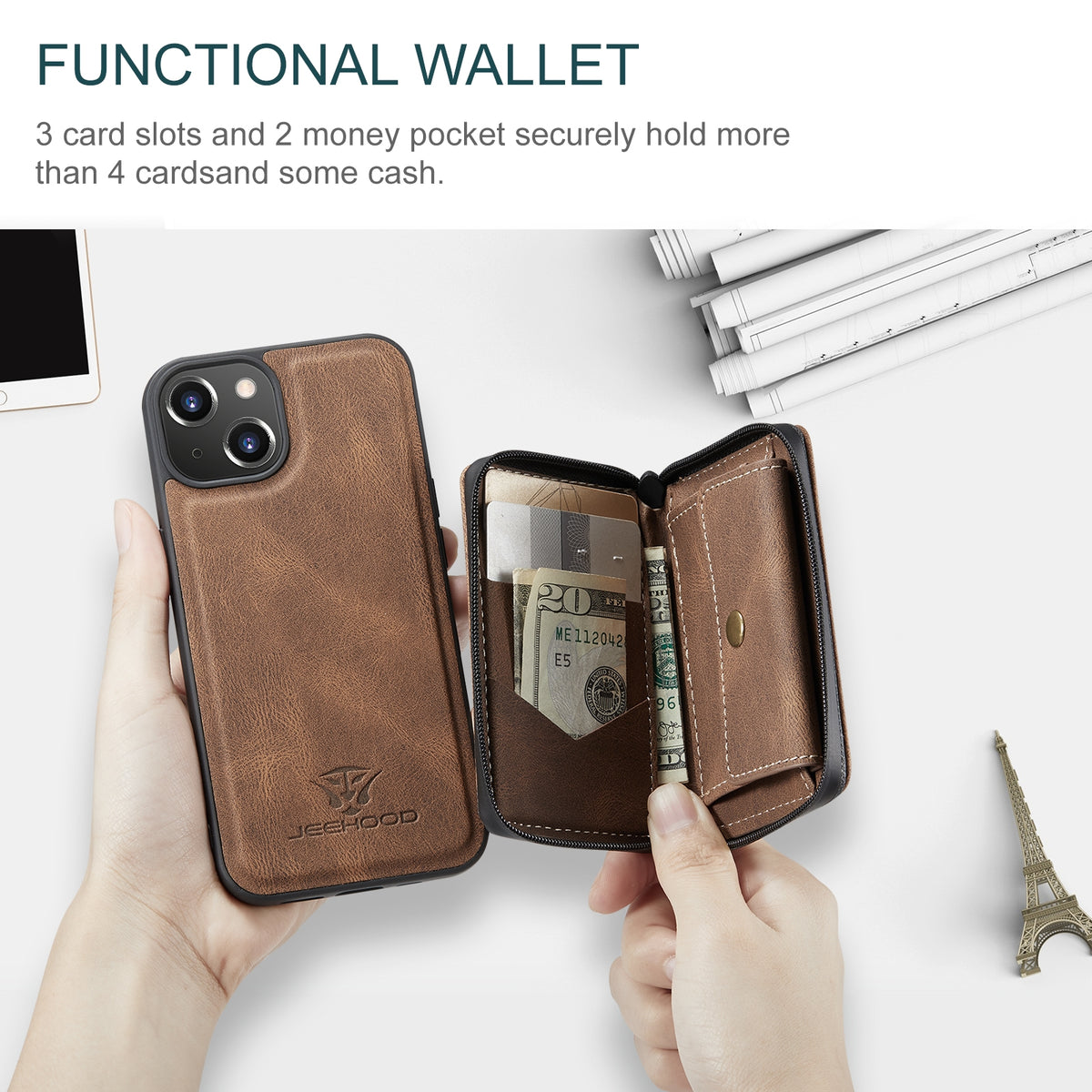 ELECTROPRIME For iPhone 15 Plus JEEHOOD Magnetic Zipper Wallet Leather Phone Case(Brown)
