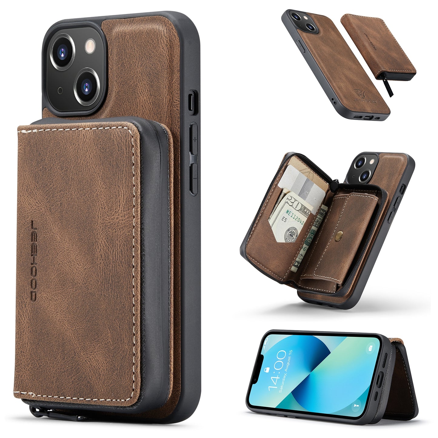 ELECTROPRIME For iPhone 15 JEEHOOD Magnetic Zipper Wallet Leather Phone Case(Brown)