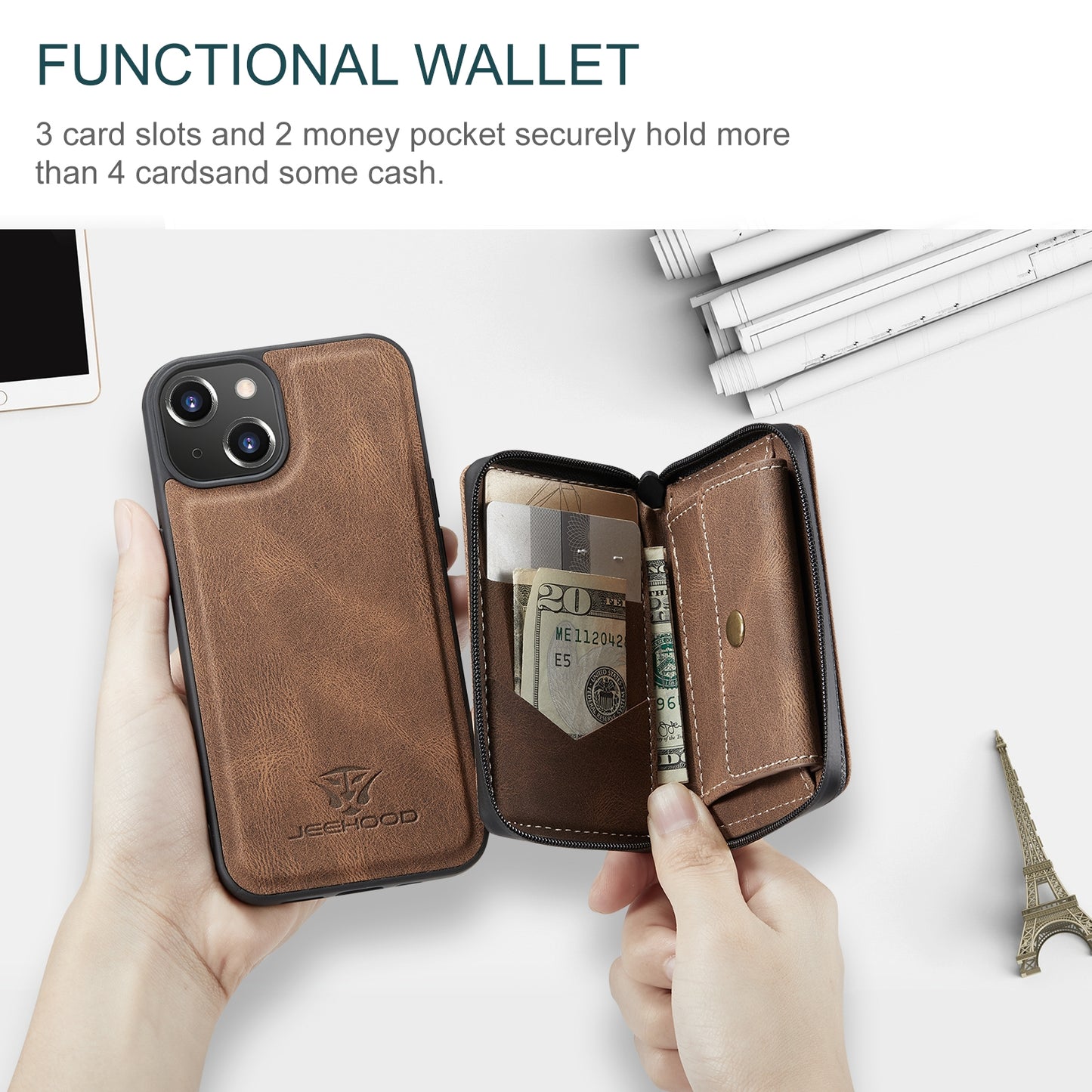 ELECTROPRIME For iPhone 15 JEEHOOD Magnetic Zipper Wallet Leather Phone Case(Brown)