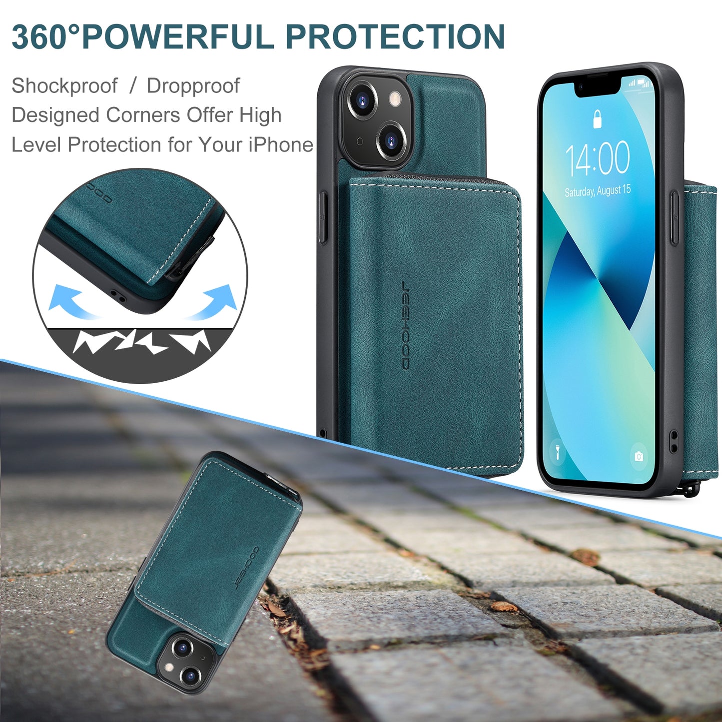 ELECTROPRIME For iPhone 15 JEEHOOD Magnetic Zipper Wallet Leather Phone Case(Blue)
