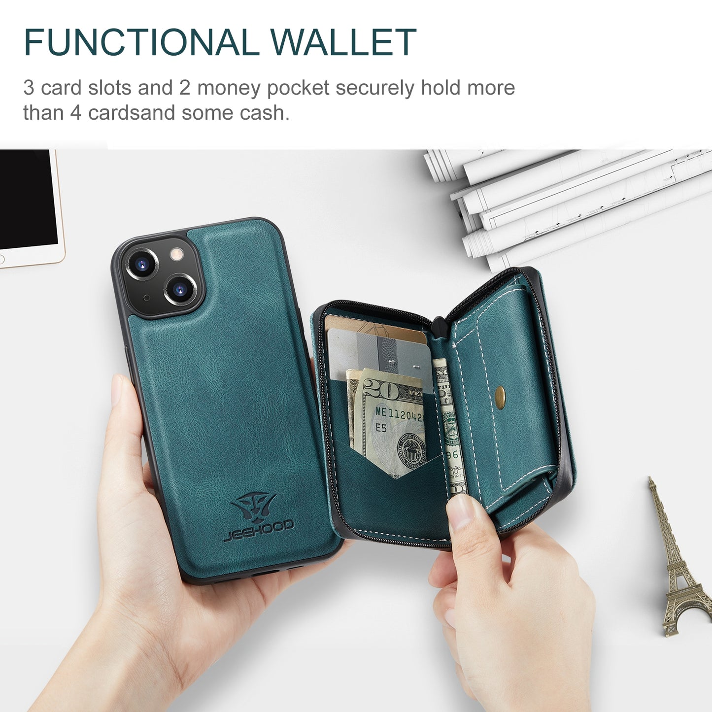ELECTROPRIME For iPhone 15 JEEHOOD Magnetic Zipper Wallet Leather Phone Case(Blue)