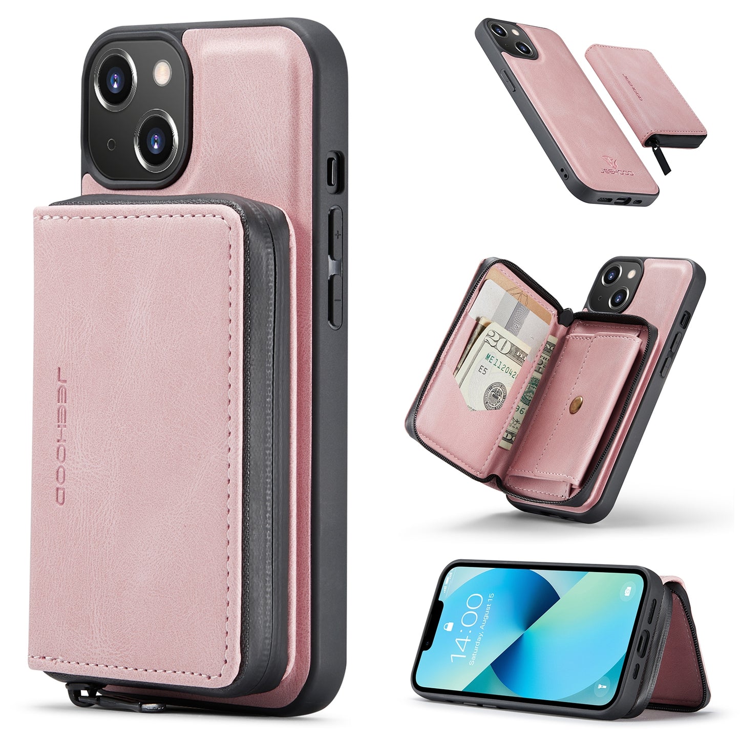 ELECTROPRIME For iPhone 15 JEEHOOD Magnetic Zipper Wallet Leather Phone Case(Pink)