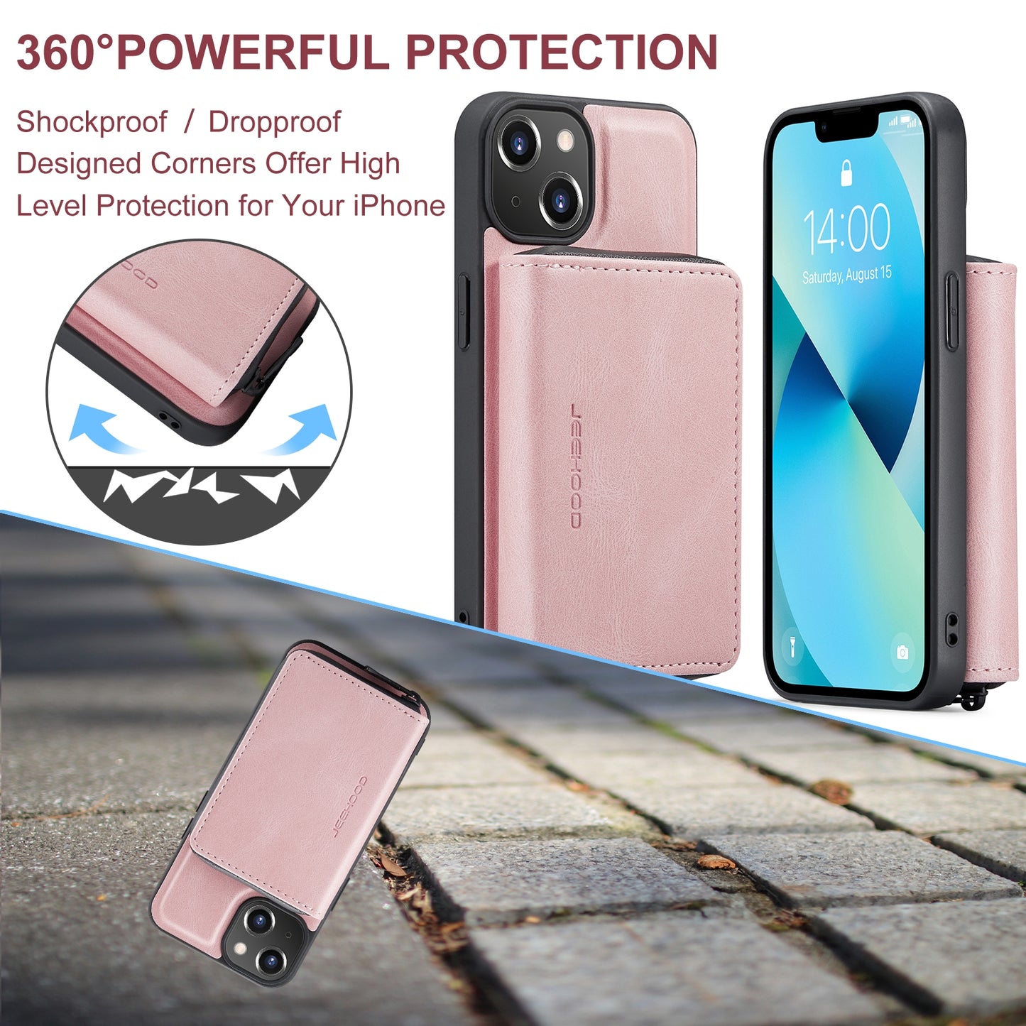 ELECTROPRIME For iPhone 15 JEEHOOD Magnetic Zipper Wallet Leather Phone Case(Pink)
