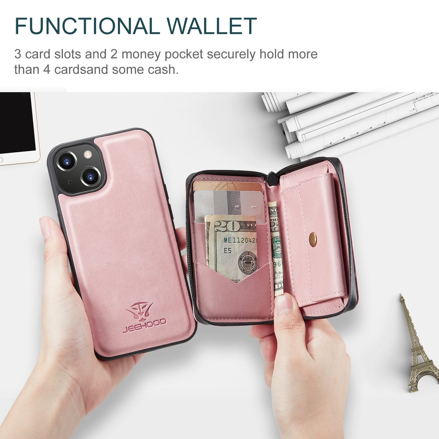 ELECTROPRIME For iPhone 15 JEEHOOD Magnetic Zipper Wallet Leather Phone Case(Pink)