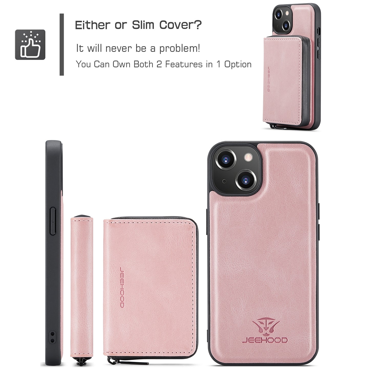 ELECTROPRIME For iPhone 15 JEEHOOD Magnetic Zipper Wallet Leather Phone Case(Pink)