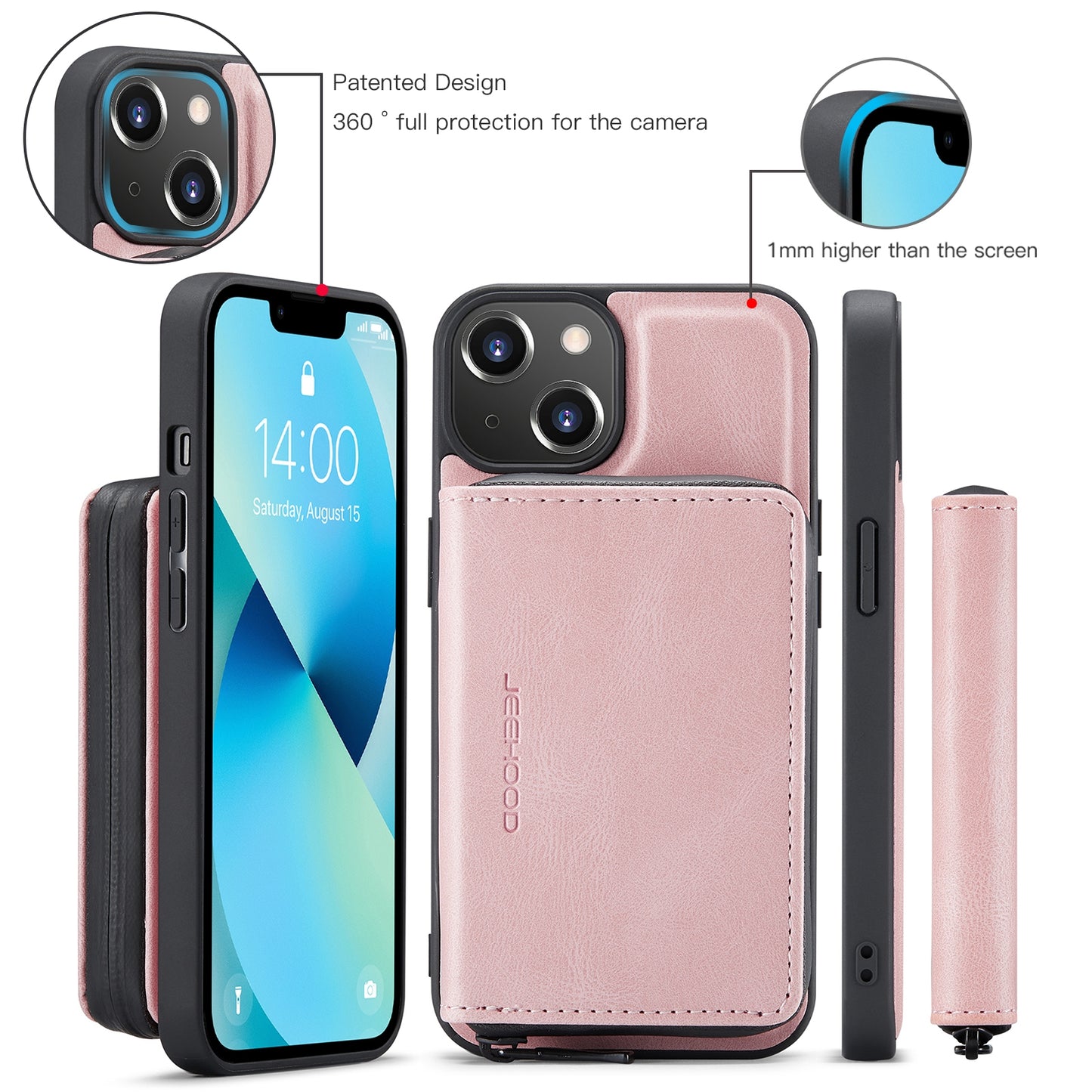 ELECTROPRIME For iPhone 15 JEEHOOD Magnetic Zipper Wallet Leather Phone Case(Pink)