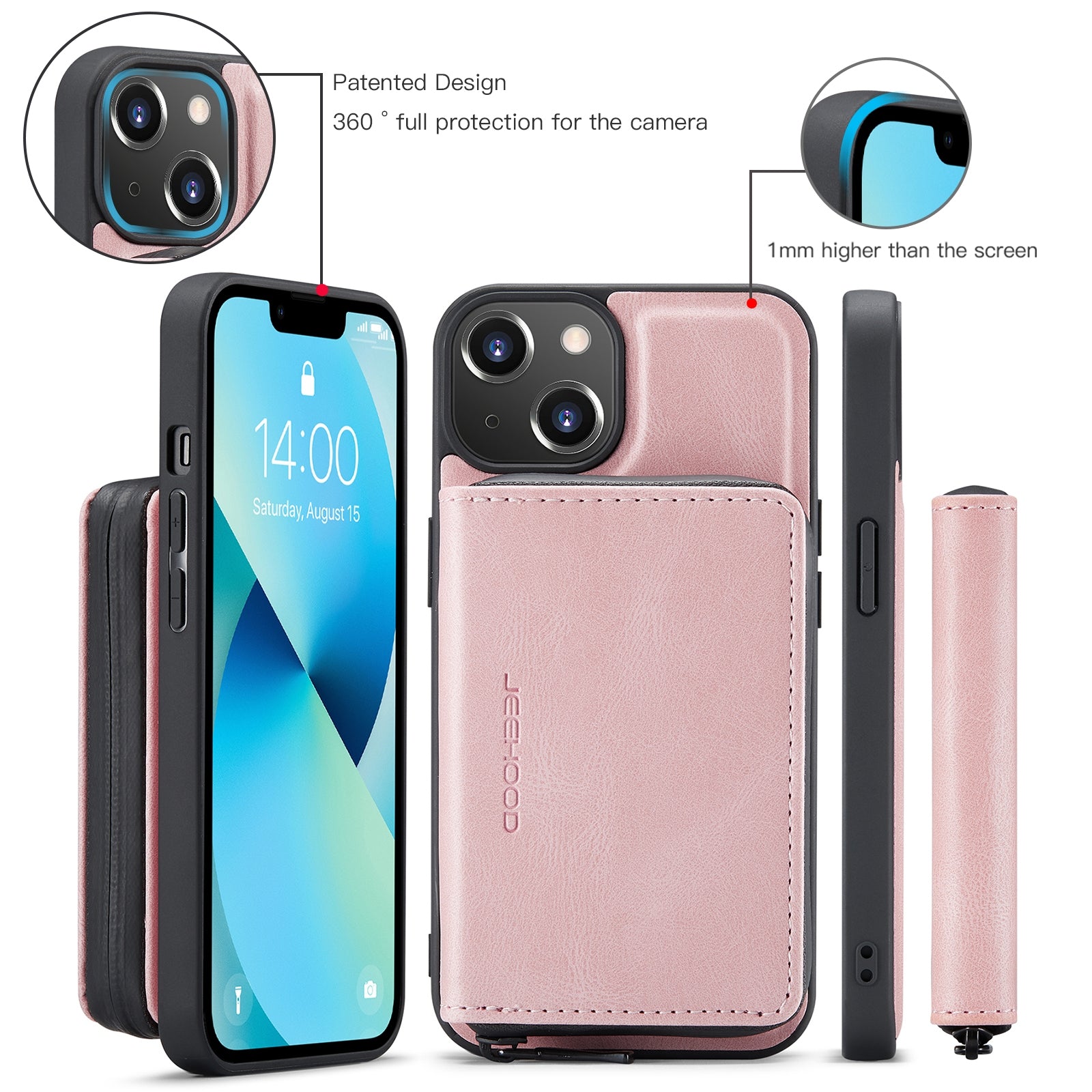 ELECTROPRIME For iPhone 15 JEEHOOD Magnetic Zipper Wallet Leather Phone Case(Pink)