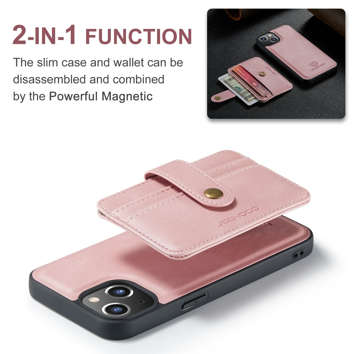 ELECTROPRIME For iPhone 15 JEEHOOD RFID Blocking Anti-Theft Magnetic PU Phone Case(Pink)