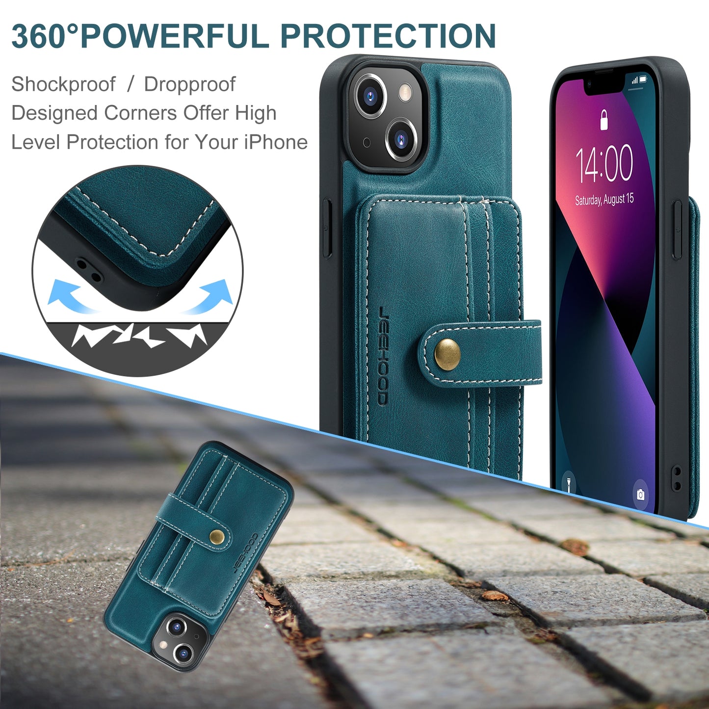 ELECTROPRIME For iPhone 15 JEEHOOD RFID Blocking Anti-Theft Magnetic PU Phone Case(Blue)