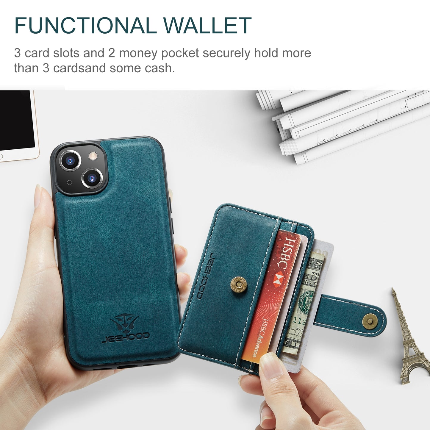 ELECTROPRIME For iPhone 15 JEEHOOD RFID Blocking Anti-Theft Magnetic PU Phone Case(Blue)