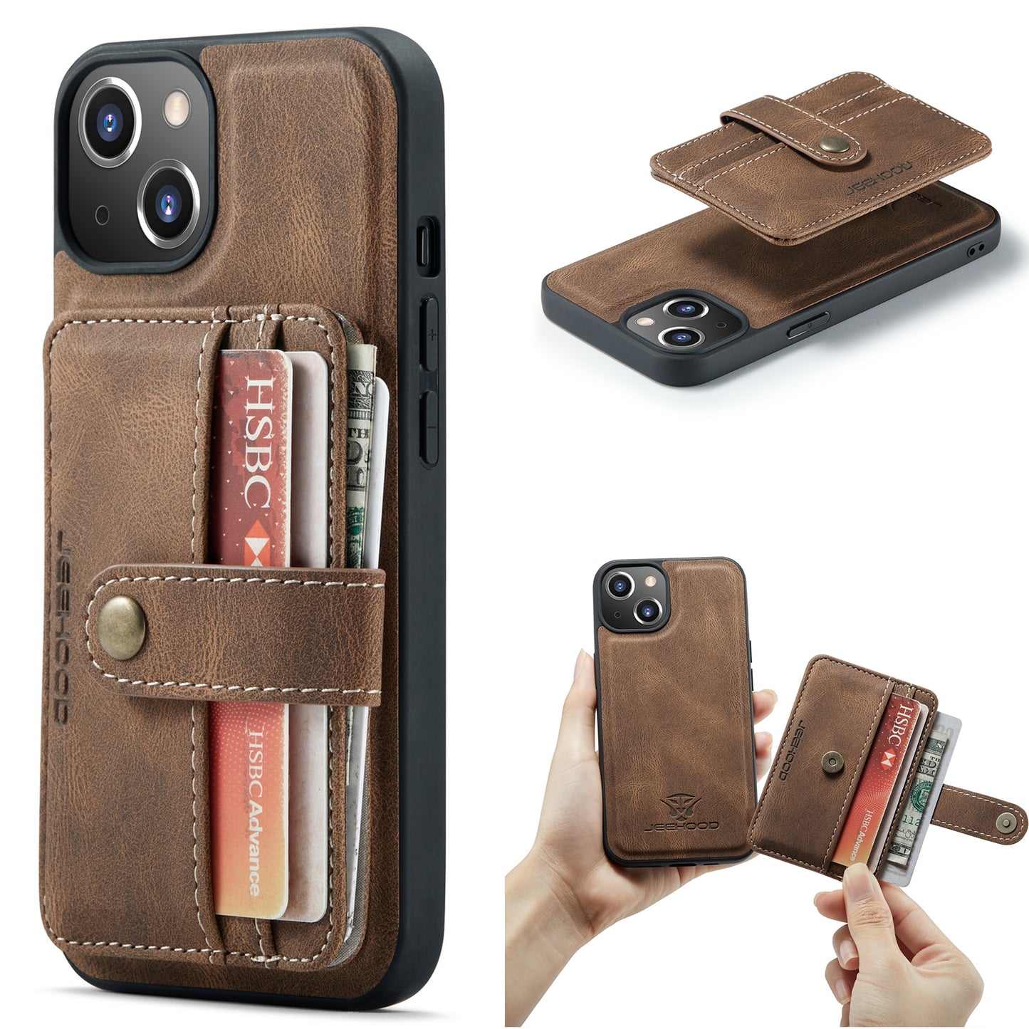 ELECTROPRIME For iPhone 15 JEEHOOD RFID Blocking Anti-Theft Magnetic PU Phone Case(Brown)