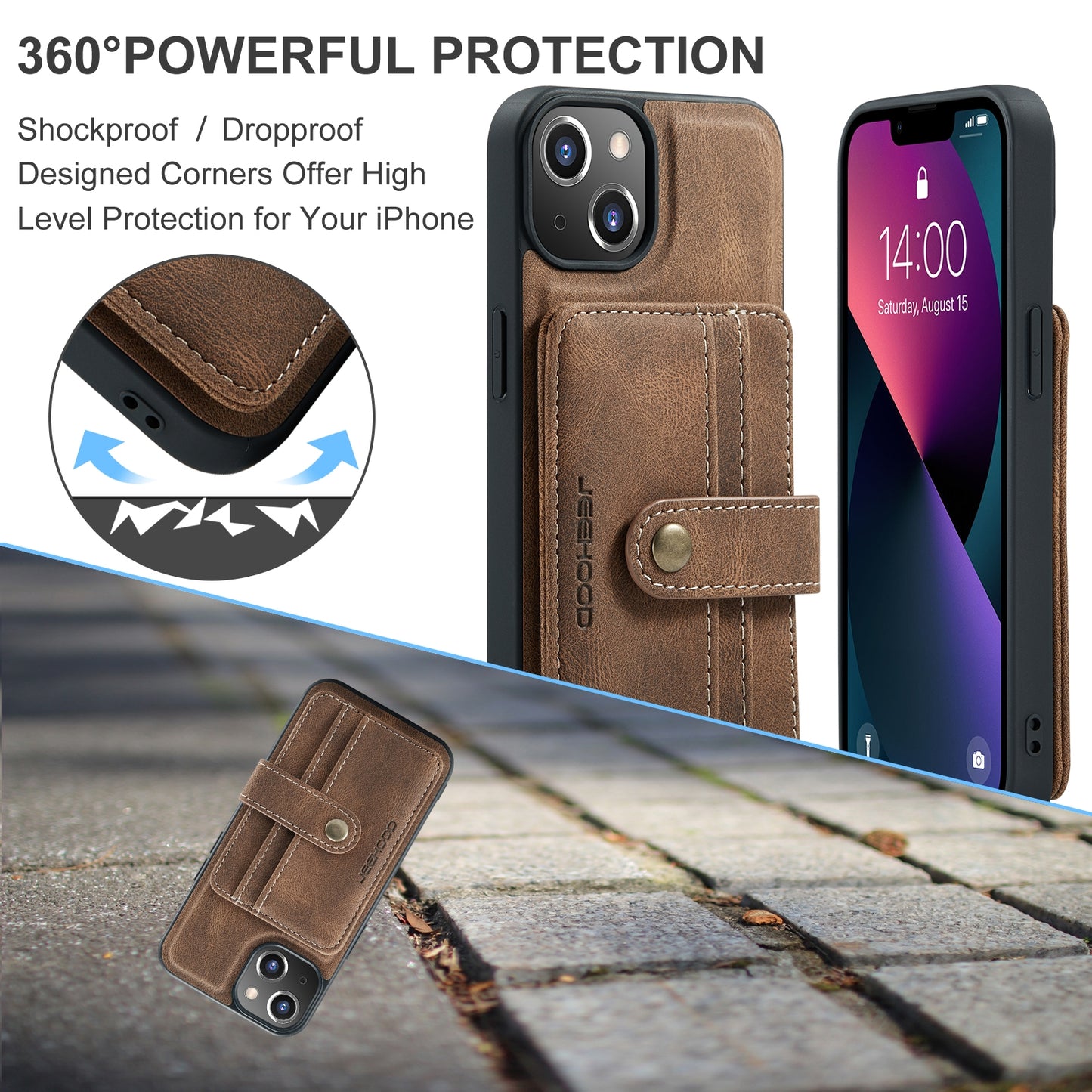 ELECTROPRIME For iPhone 15 JEEHOOD RFID Blocking Anti-Theft Magnetic PU Phone Case(Brown)