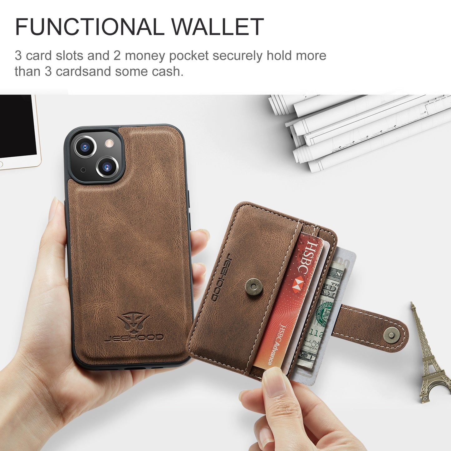 ELECTROPRIME For iPhone 15 JEEHOOD RFID Blocking Anti-Theft Magnetic PU Phone Case(Brown)