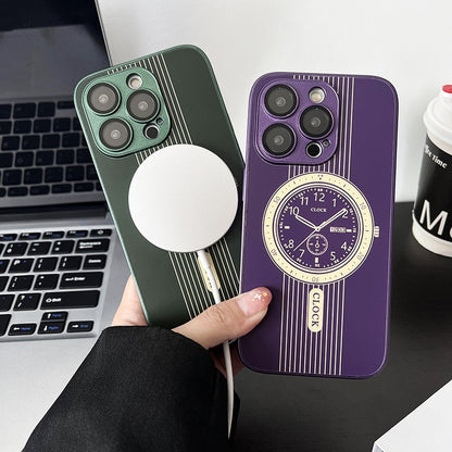ELECTROPRIME For iPhone 15 Clock Pattern Magnetic Lens Protection Phone Case(Purple)